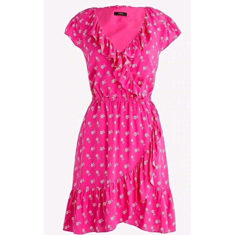 New J. Crew V-Neck Ruffle Dress Womens 14 Pink Floral Print